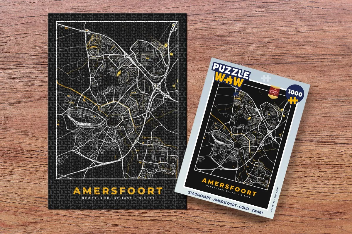 PuzzleWow Stadskaart Amersfoort Legpuzzel 1000 Stuks - Goud/Zwart