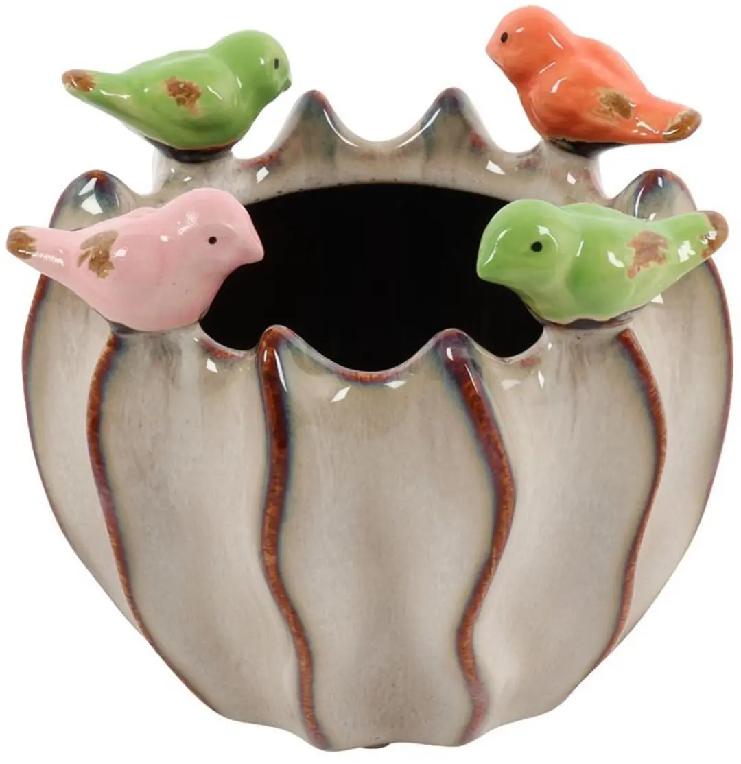 Countryfield bloempot vogels bruin kunststof decoratie 11x11x10,5cm.