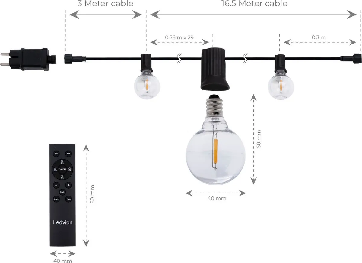 Ledvion Lichtsnoer 16.5M 30x E12 LED - 9W 2700K IP44
