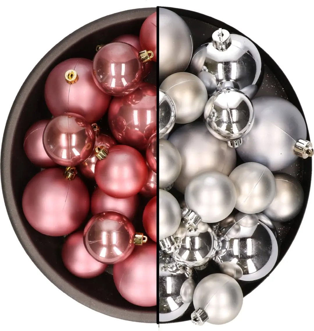 Kerstversiering kunststof kerstballen kleuren mix oud roze/zilver 4-6-8 cm pakke