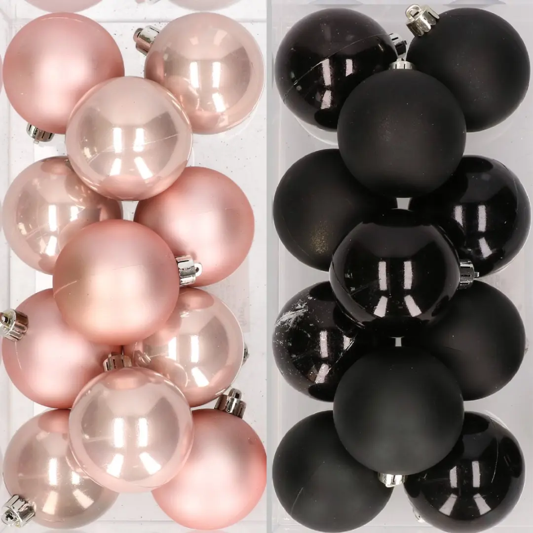 24x stuks kunststof kerstballen zwart en lichtroze 6 cm