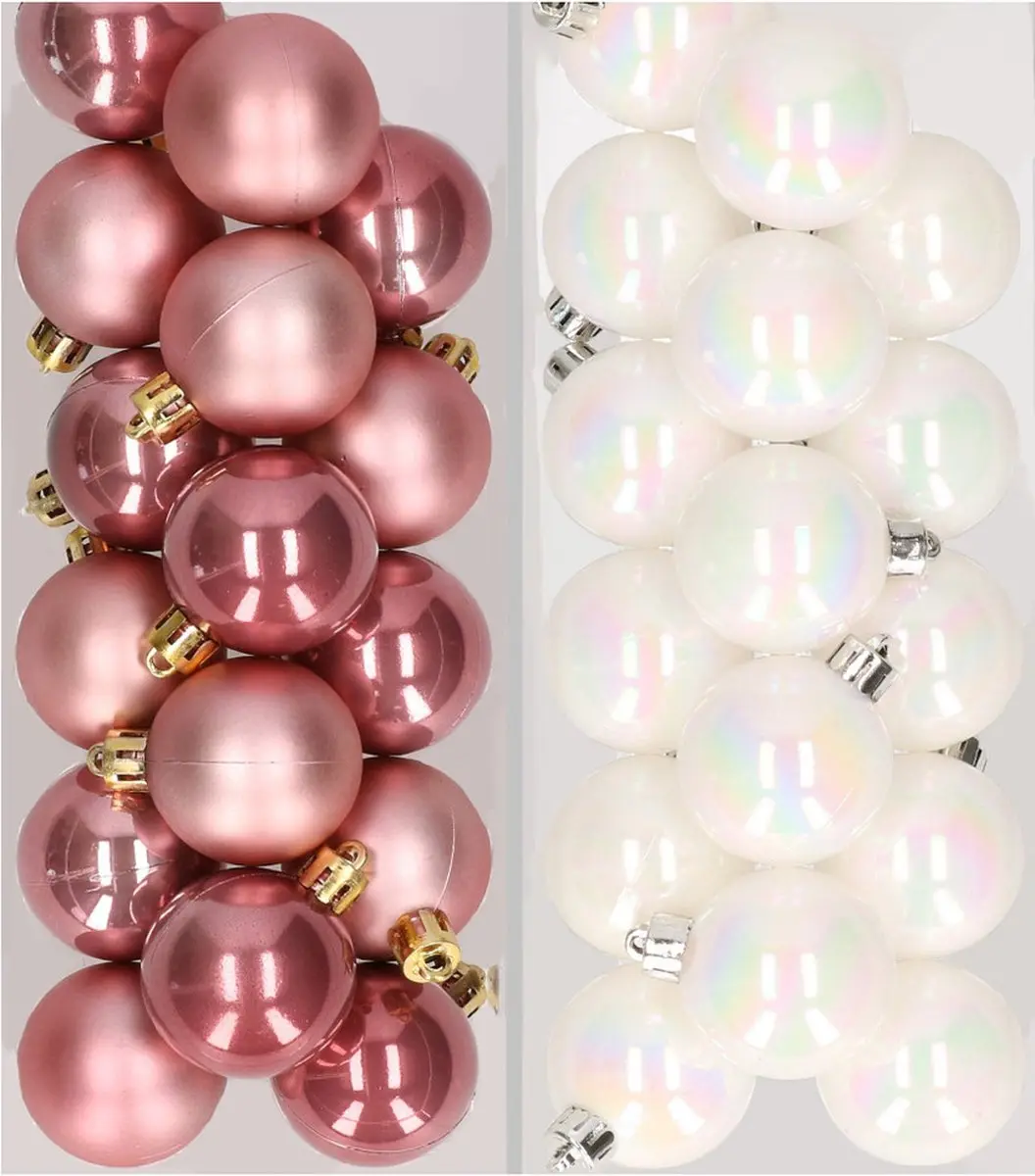 32x stuks kunststof kerstballen mix van oudroze en pearlescent white 4 cm - Kerstversiering