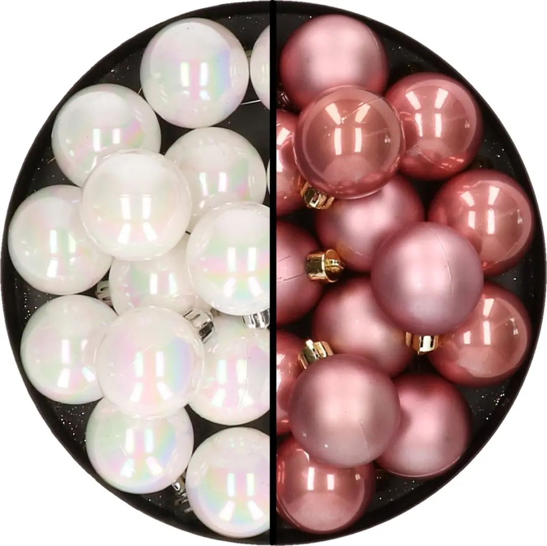 32x stuks kunststof kerstballen mix van parelmoer wit en oudroze 4 cm