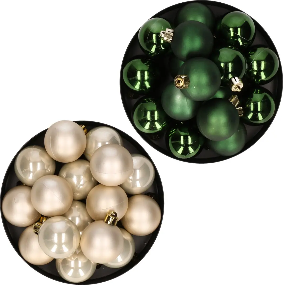 Kerstversiering kunststof kerstballen kleuren mix champagne/ donkergroen 4 en 6
