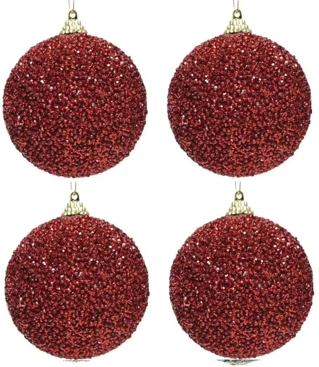 6x Kerst rode glitter/kralen kerstballen 8 cm kunststof