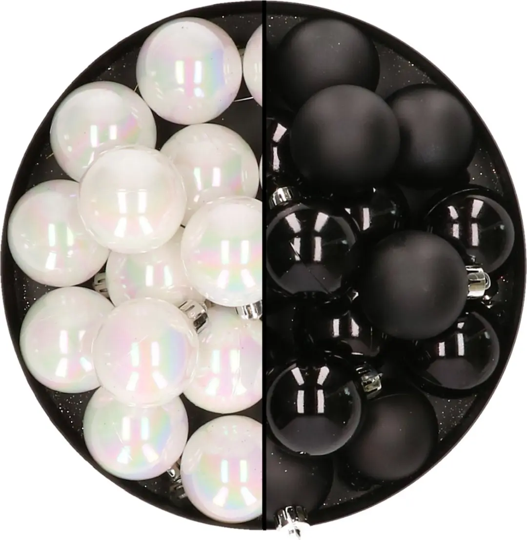 32x stuks kunststof kerstballen mix van parelmoer wit en zwart 4 cm