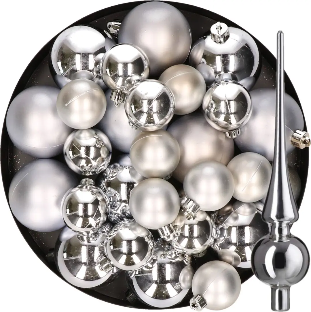 Kerstversiering kunststof kerstballen met glazen piek zilver 6-8-10 cm pakket va