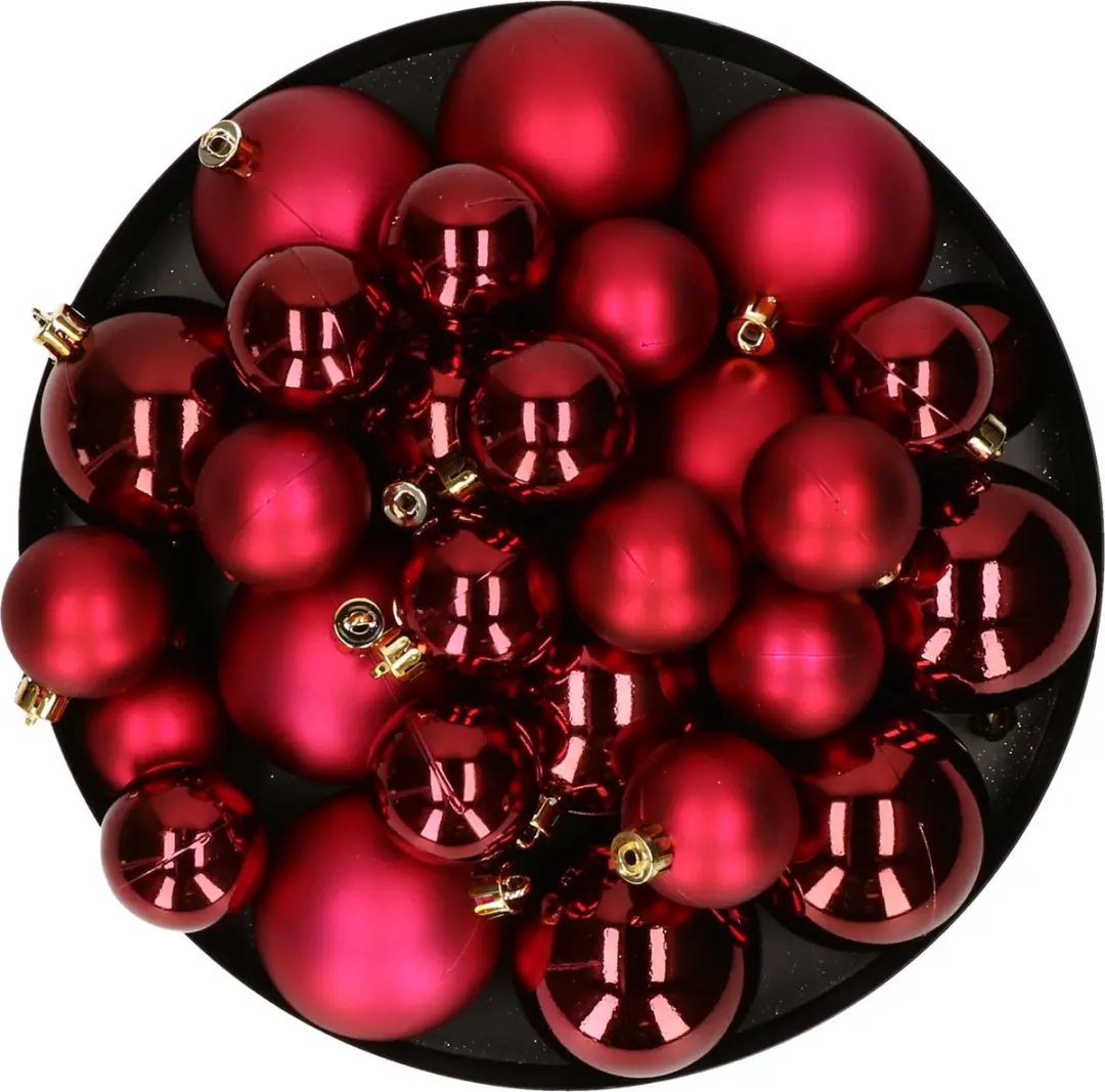 Kerstversiering kunststof kerstballen donkerrood 6-8-10 cm pakket van 44x stuks