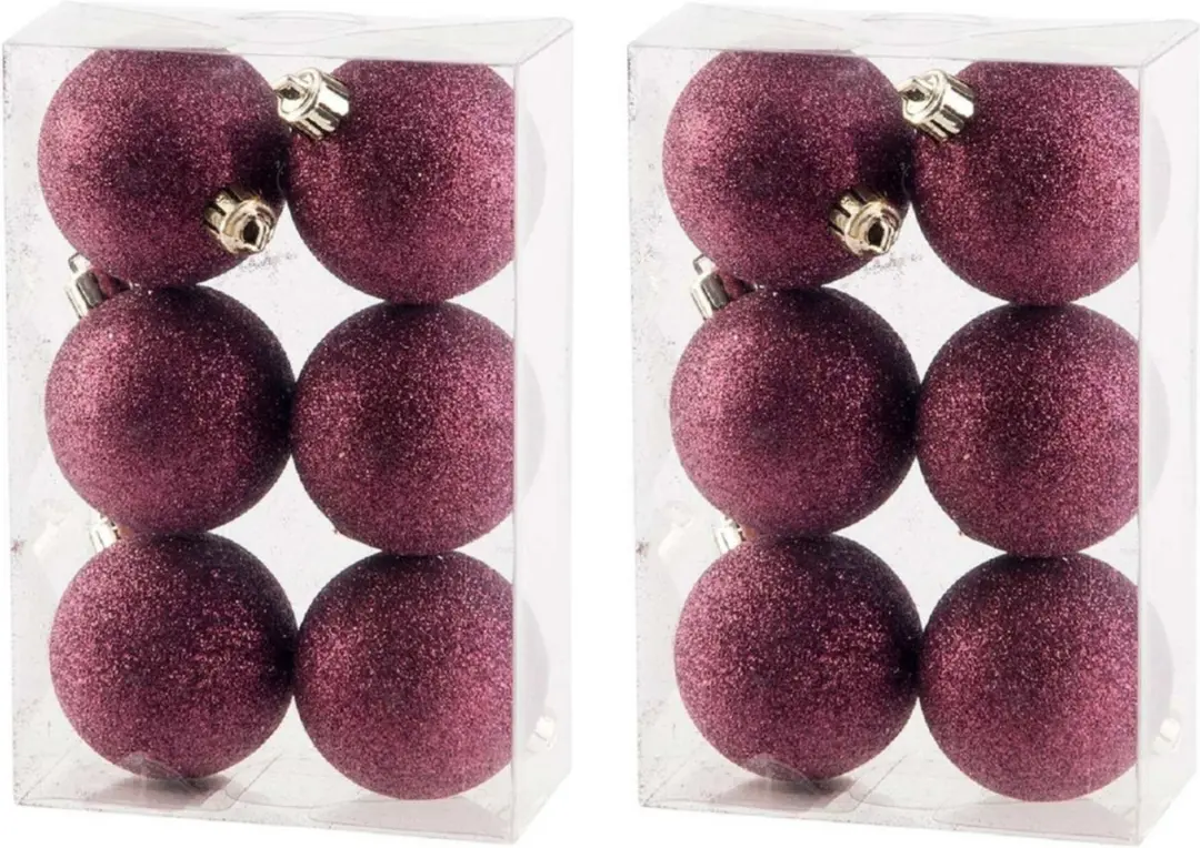 12x Aubergine roze kunststof/plastic kerstballen 6 cm