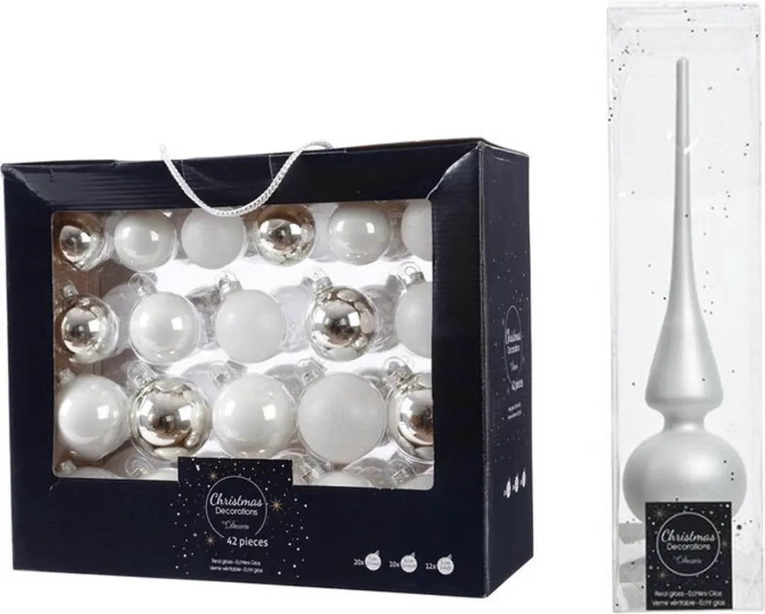 42x stuks glazen kerstballen wit/zilver 5-6-7 cm inclusief witte piek