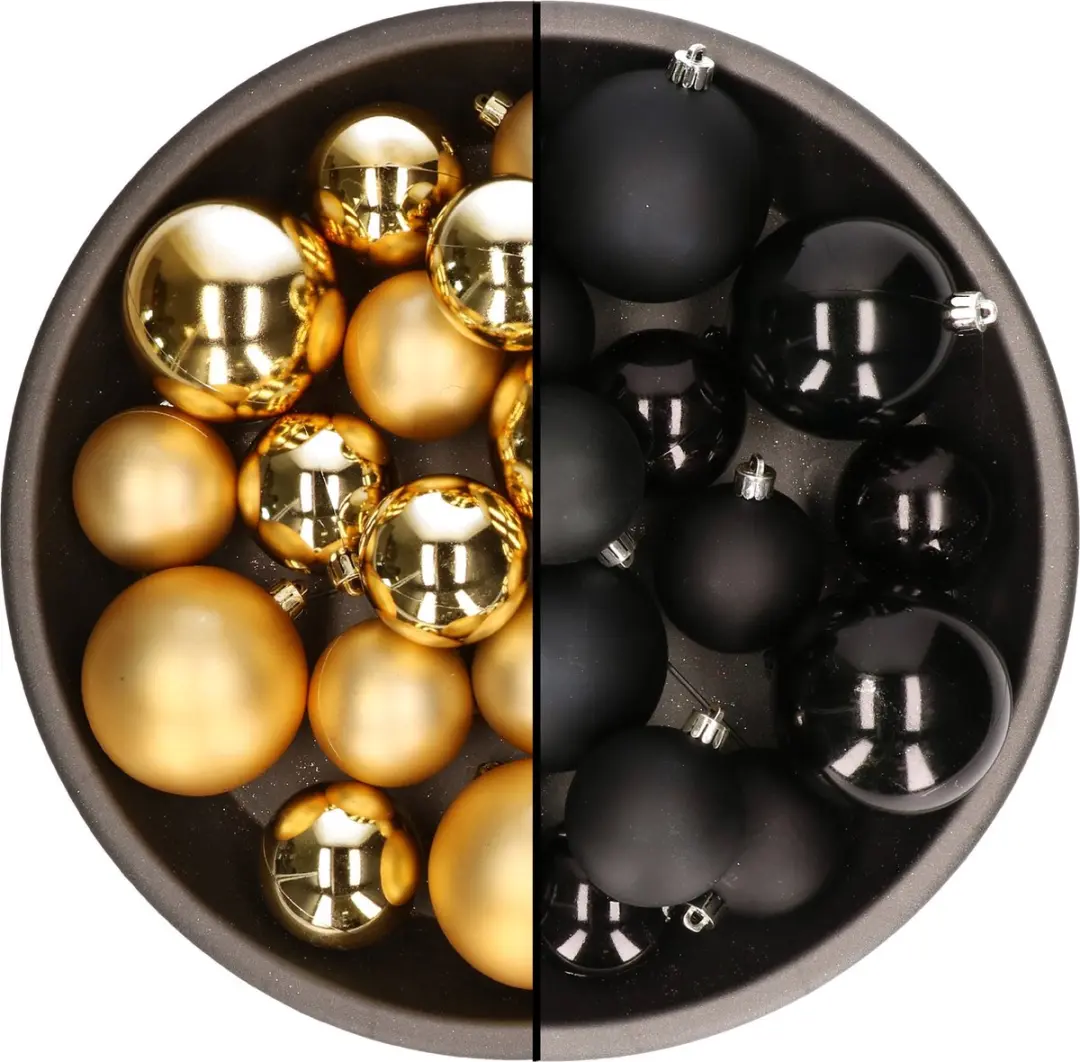 Kerstversiering kunststof kerstballen kleuren mix zwart/goud 4-6-8 cm pakket van