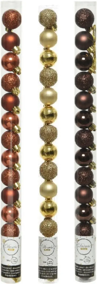 42x Stuks kunststof kerstballen mix donker bruin/terra bruin/goud 3 cm