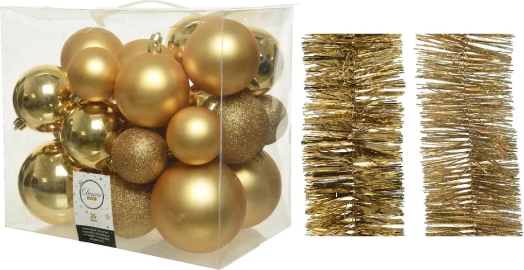 Kerstversiering kunststof kerstballen 6-8-10 cm met folieslingers pakket goud va