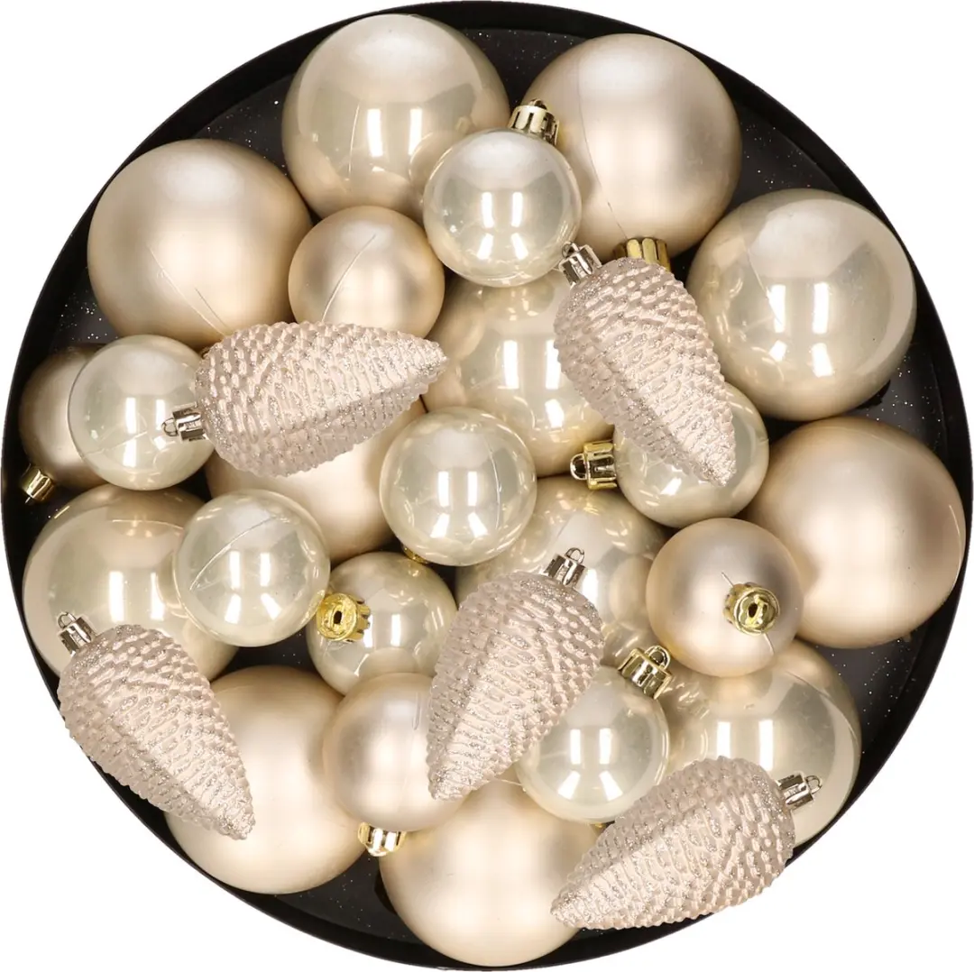 Kerstversiering kunststof kerstballen parel/champagne 6-8-10 cm pakket van 50x s