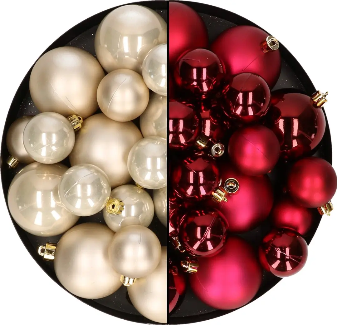 Kerstversiering kunststof kerstballen kleuren mix champagne/donkerrood 6-8-10 cm