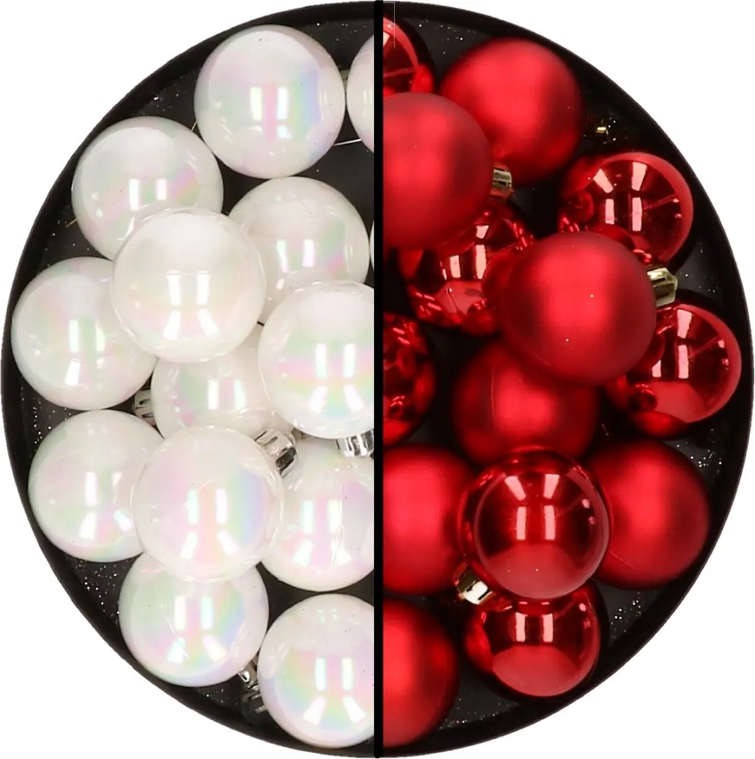 32x stuks kunststof kerstballen mix van parelmoer wit en rood 4 cm