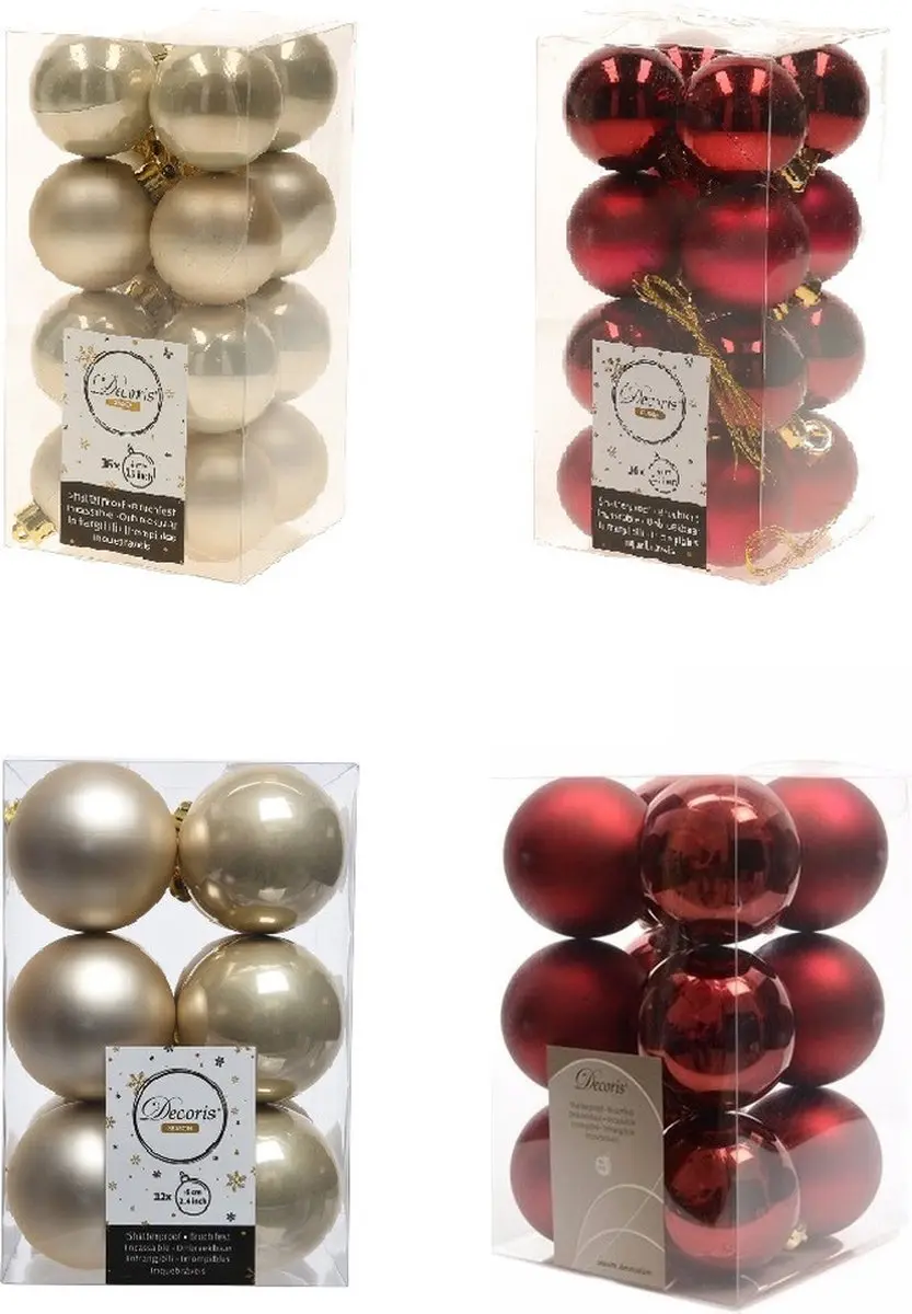 Kerstversiering kunststof kerstballen kleuren mix champagne/donkerrood 4 en 6 cm