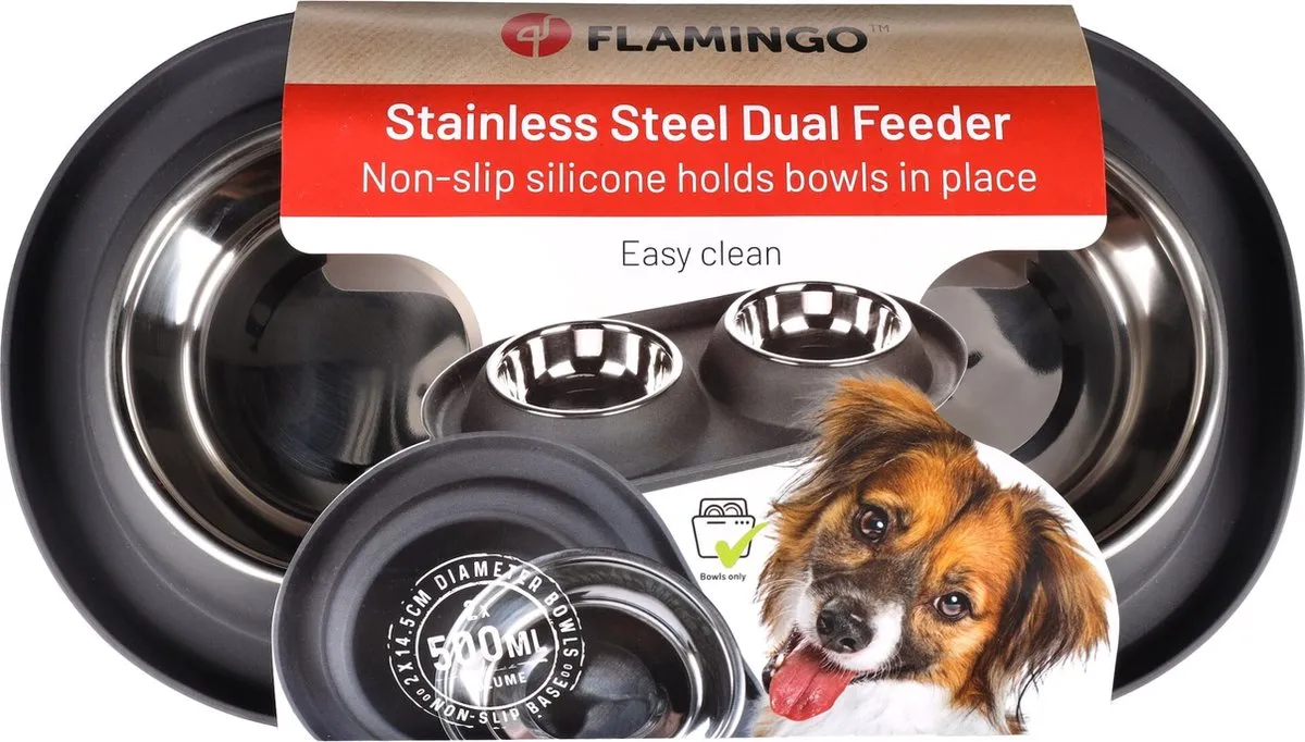Flamingo Grafa Duo Dinner Eetpot Honden - 2x500ml - Grijs