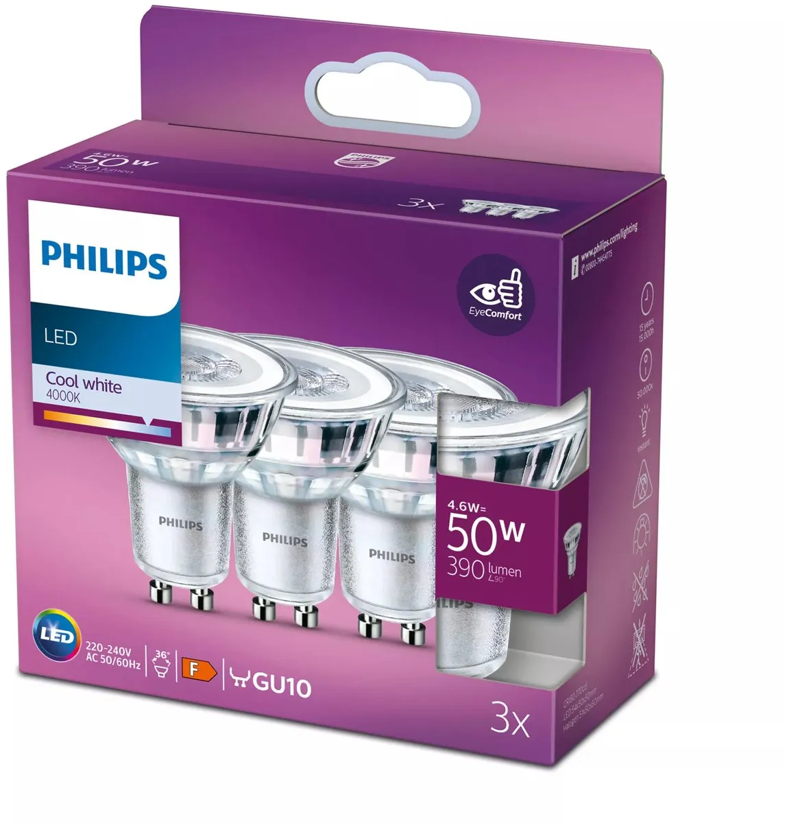 Philips LED Spot GU10 4.6W Koelwit - 3 Stuks