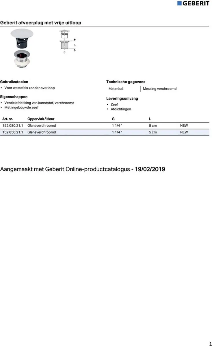 Geberit Ventiel Aftapkraan 1 1/4" x 80mm - Chroom - afbeelding 2 van 3