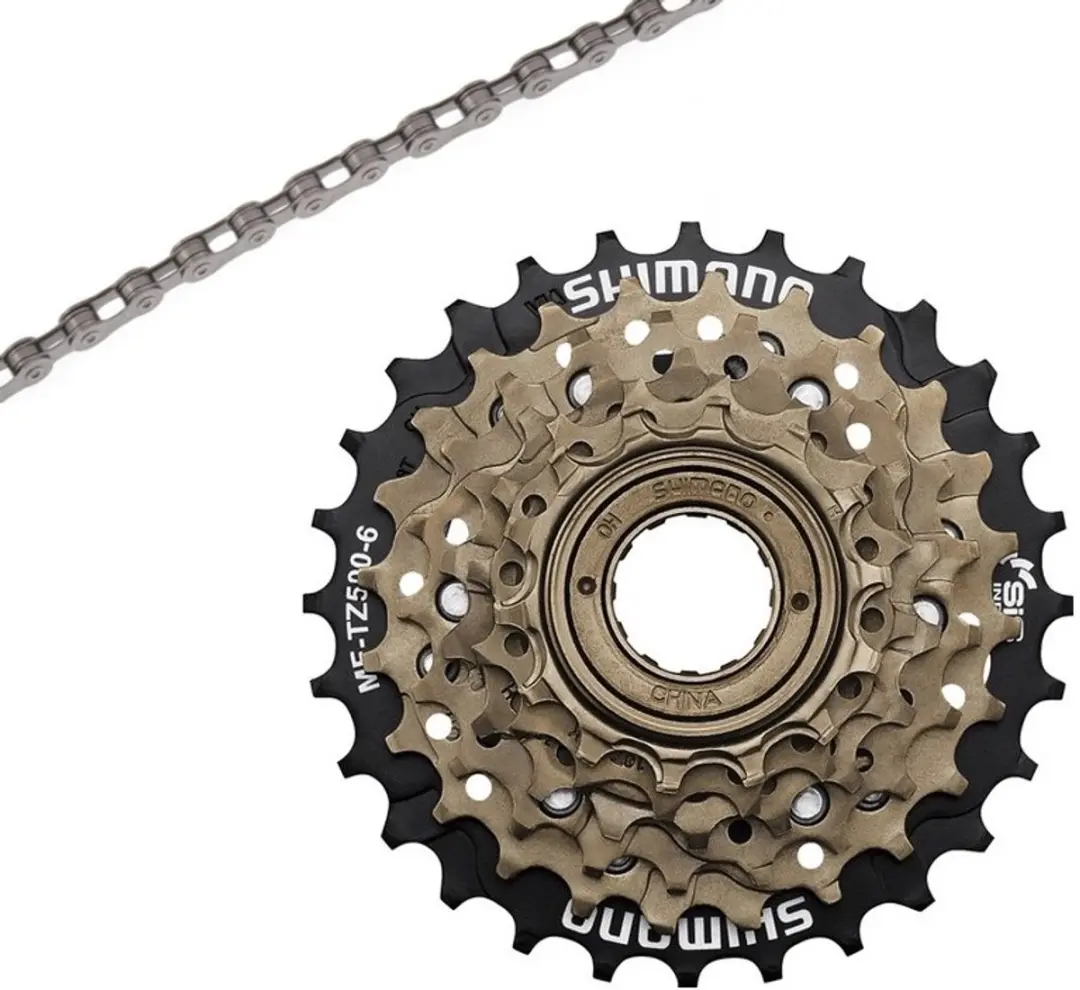 6 speed ketting 116l + Shimano TZ500 14-28T 6s Freewheel (opschroef)