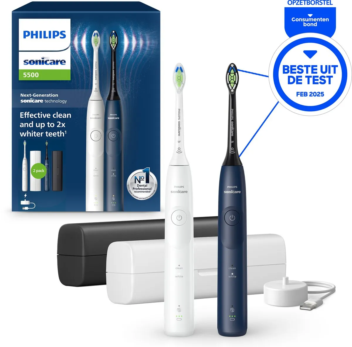 Philips Sonicare 5500 HX7119/01 Elektrische Tandenborstel - Wit & Blauw - 2 Stuks