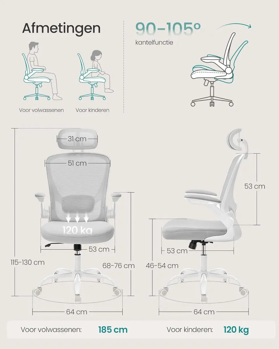 Songmics OBN047G01 Ergonomische Bureaustoel - Duifgrijs - afbeelding 3 van 6