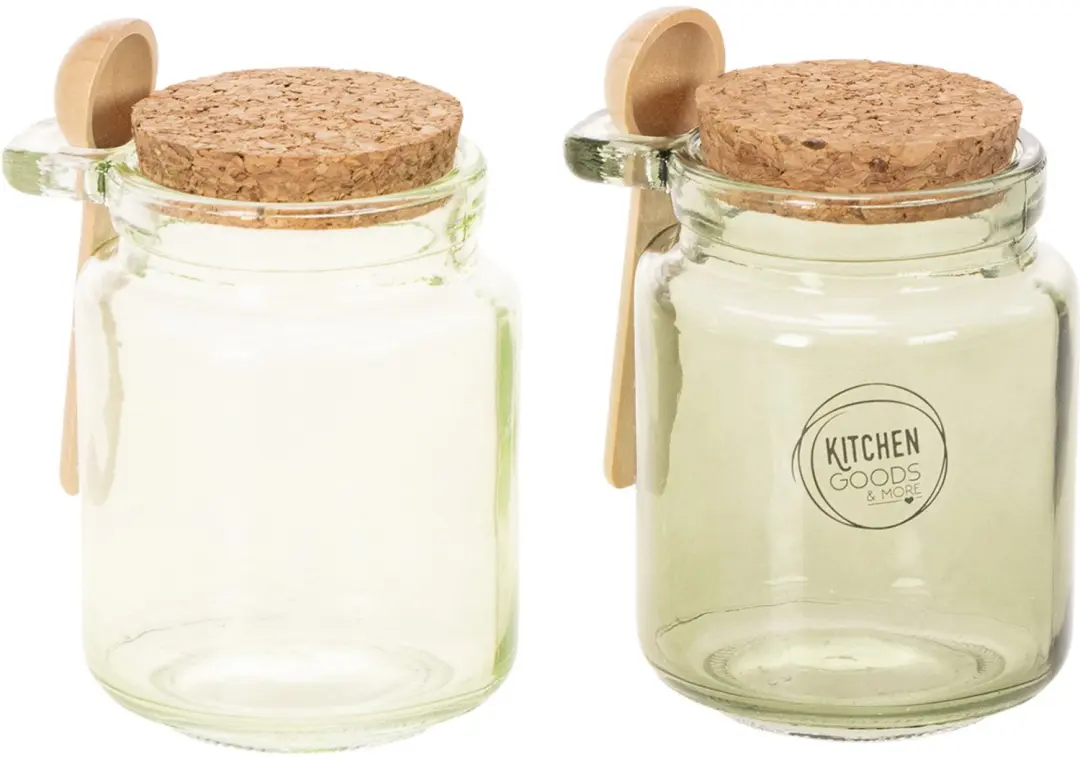 Decoratief glas met kurken deksel en lepel, groen, Ø7cm, H10cm, 2 stuk