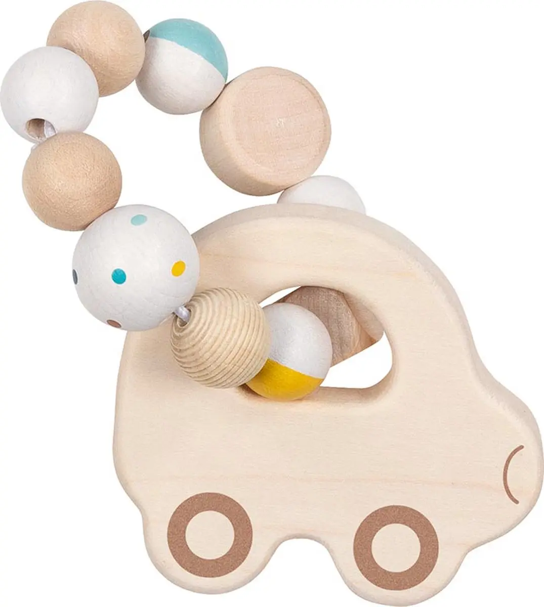 Goki Baby Bijtring: AUTO'S diam.8,5cm, met elastiek, hout