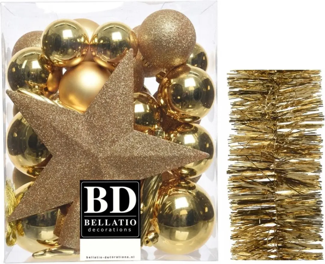Kerstballen 5-6-8 cm 32x st met ster piek en slinger goud