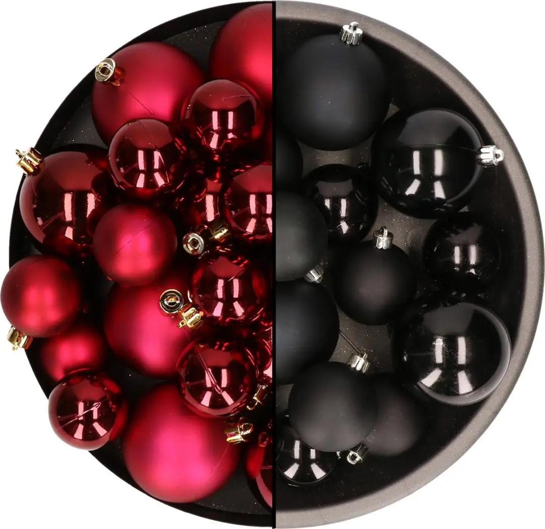 Kerstversiering kunststof kerstballen kleuren mix zwart/donkerrood 4-6-8 cm pakk