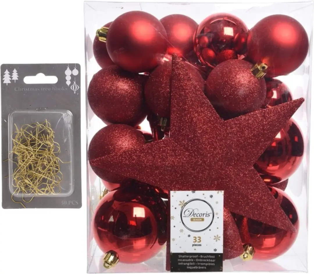 33x stuks kunststof kerstballen 5, 6 en 8 cm rood inclusief ster piek en kerstba