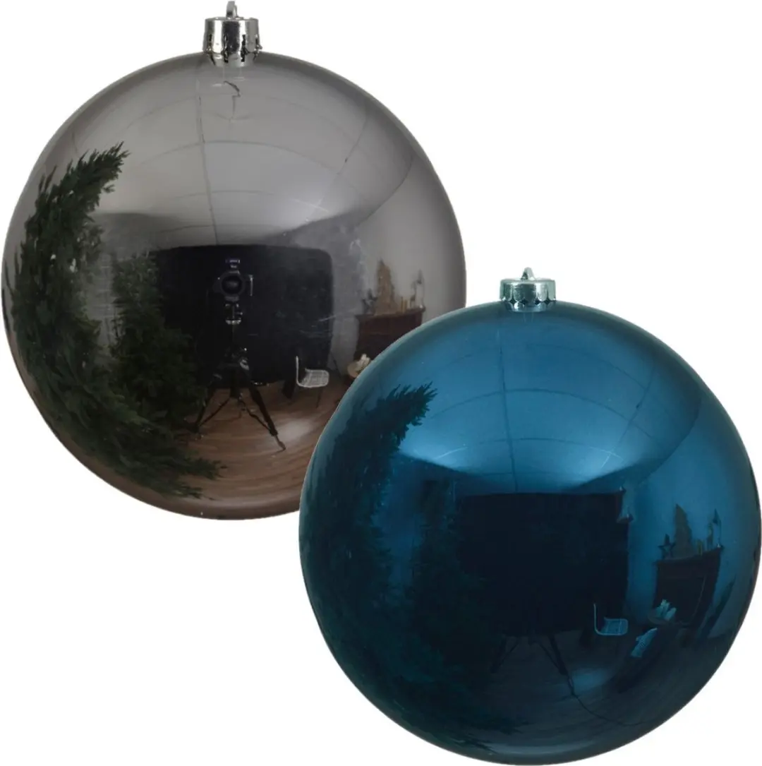 Kerstversieringen set van 6x grote kunststof kerstballen blauw en zilver 14 cm g