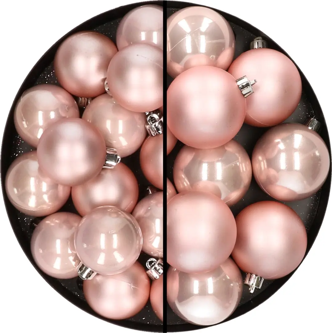 28x stuks kunststof kerstballen lichtroze 4 en 6 cm