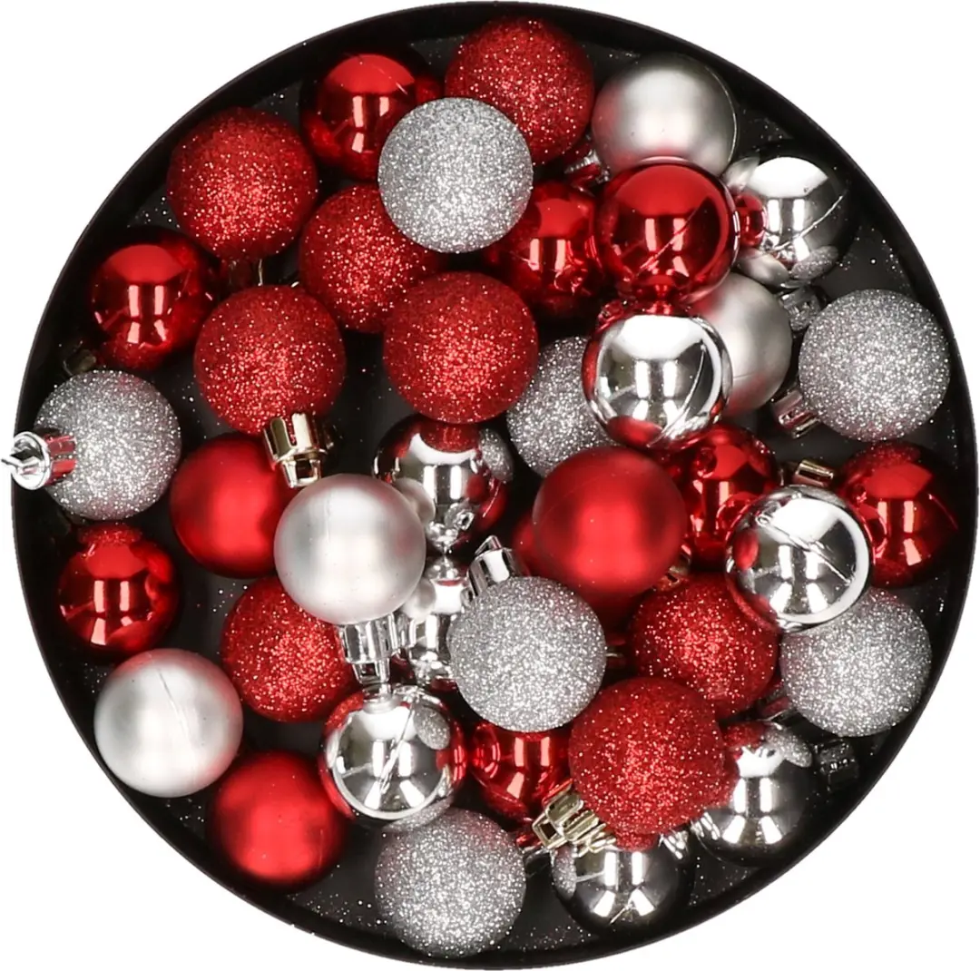 Kleine kunststof kerstversiering 40x stuks set en 3 cm kerstballen in het zilver
