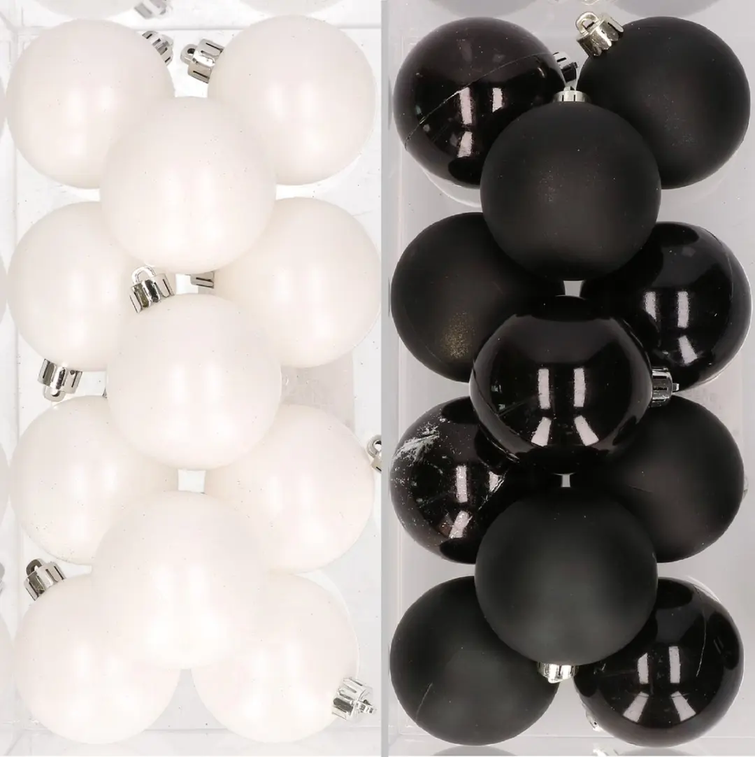 48x stuks kunststof kerstballen zwart en wit 6 cm