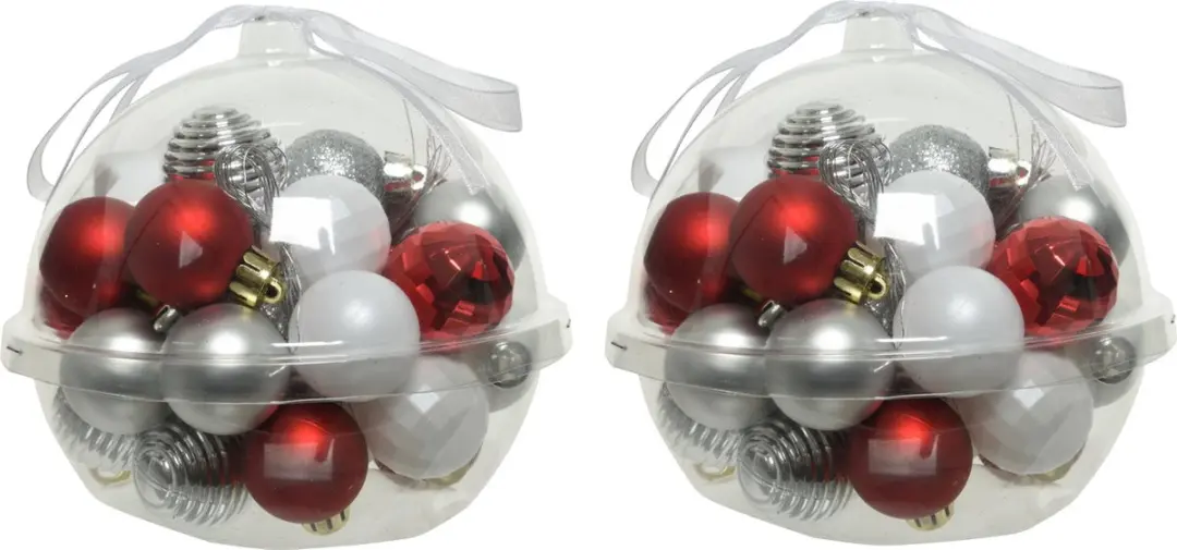 60x stuks kleine kunststof kerstballen rood/wit/zilver 3 cm