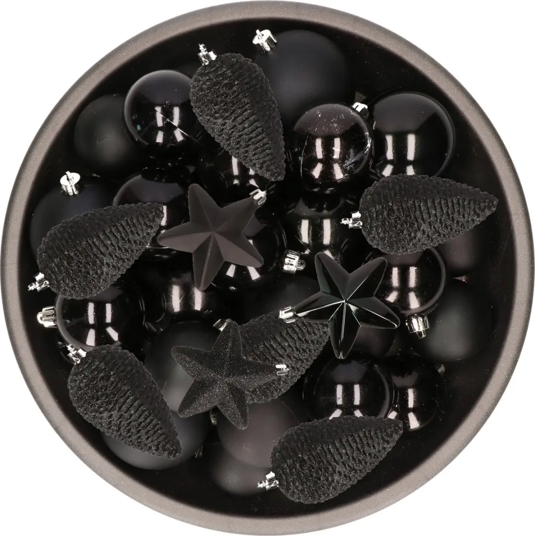Kerstversiering kunststof kerstballen zwart 6-8-10 cm pakket van 62x stuks