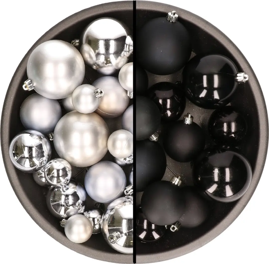 Kerstversiering kunststof kerstballen kleuren mix zwart/zilver 6-8-10 cm pakket