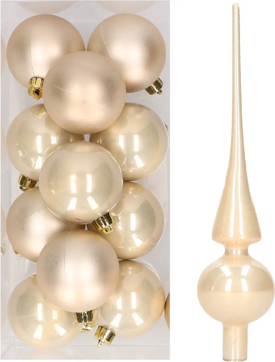 12x Champagne kunststof kerstballen met glazen piek glans