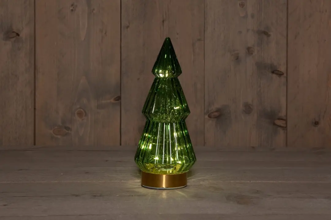 B.O.T. Tree Glass 10X23,5 cm Green With Golden Base 10Led kerstverl...