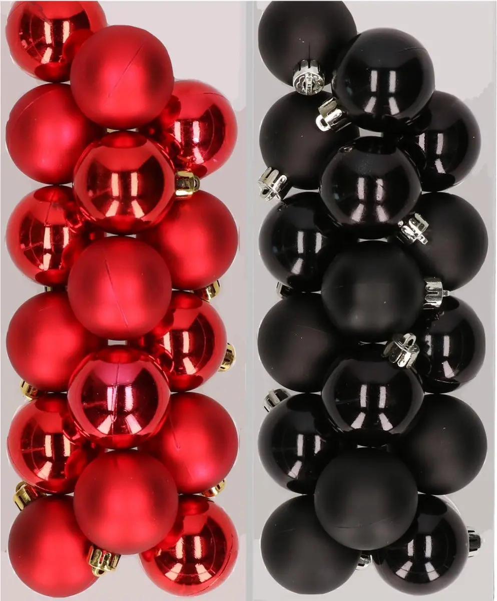 32x stuks kunststof kerstballen mix van rood en zwart 4 cm