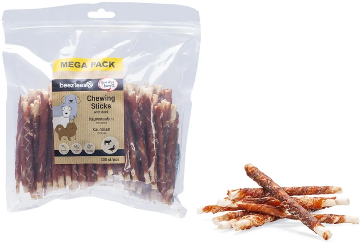 Beeztees Kauwstaafjes Eend Mega Pack - 100 Stuks - 12,5 cm