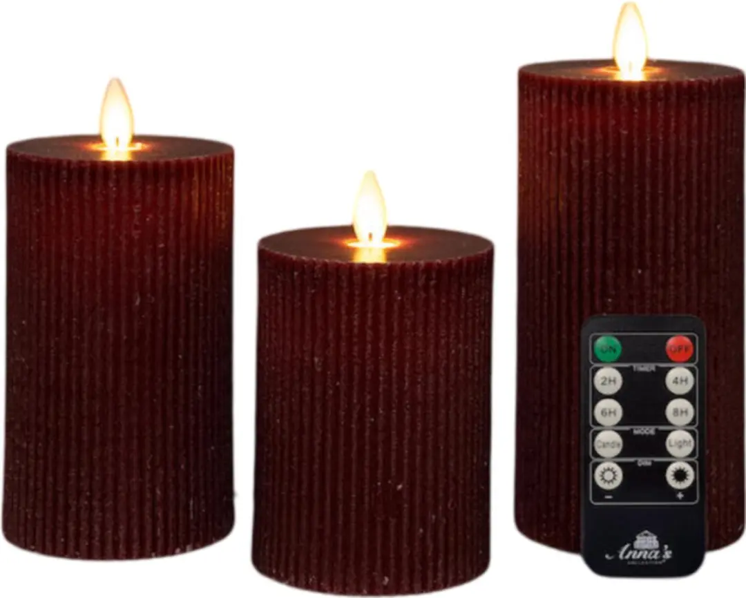Anna's Collection LED Kaars Flame Effect Ribbel 7,5cm Bordeaux - 3 Stuks - afbeelding 4 van 4