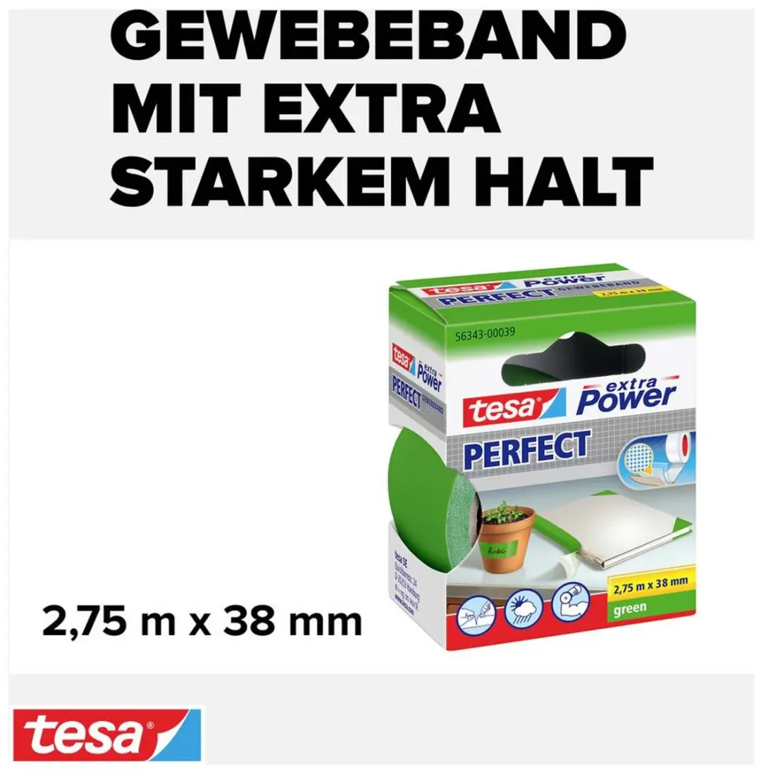 Tesa Perfect 56343-00039-03 Textieltape Groen 2,75m x 38mm - afbeelding 2 van 6