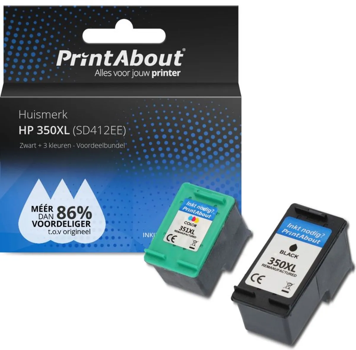 PrintAbout SD412EE-PA2 Inktcartridge - Zwart + 3 Kleuren - 2.350 pagina's