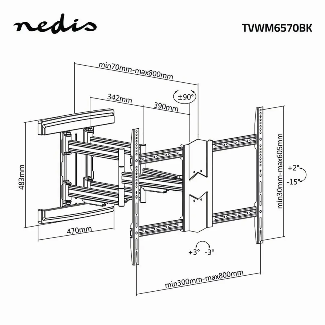 Nedis TVWM6570BK Volledig Beweegbare TV Beugel - 43-90" - 70kg - afbeelding 4 van 4