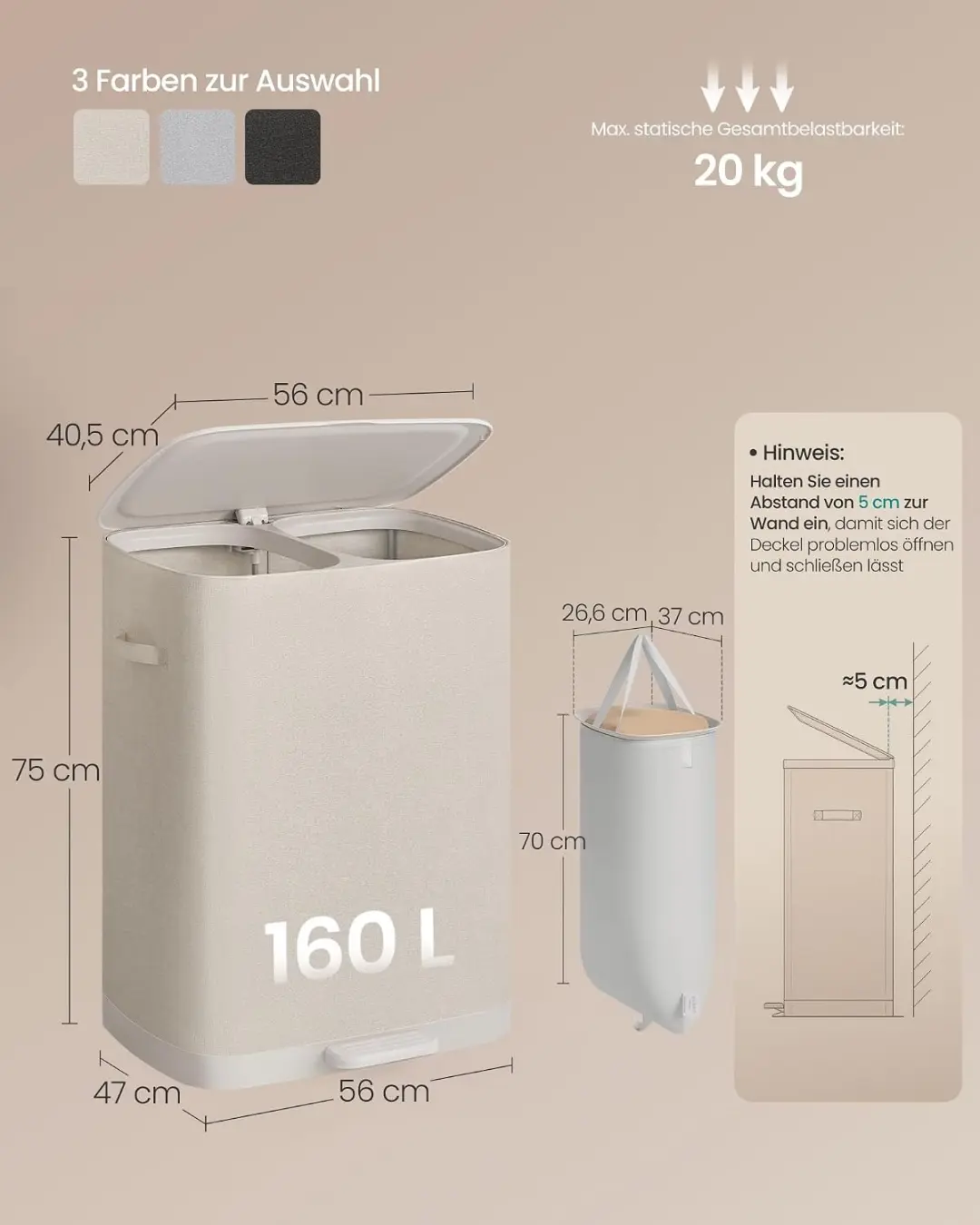 Songmics LCB832L101 Wasmand 160L - 2 Compartimenten - afbeelding 2 van 6