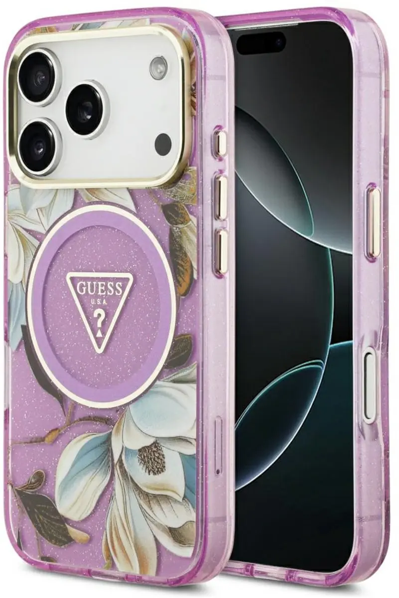 Guess IML Glitter Flowers Triangle MagSafe Hoes