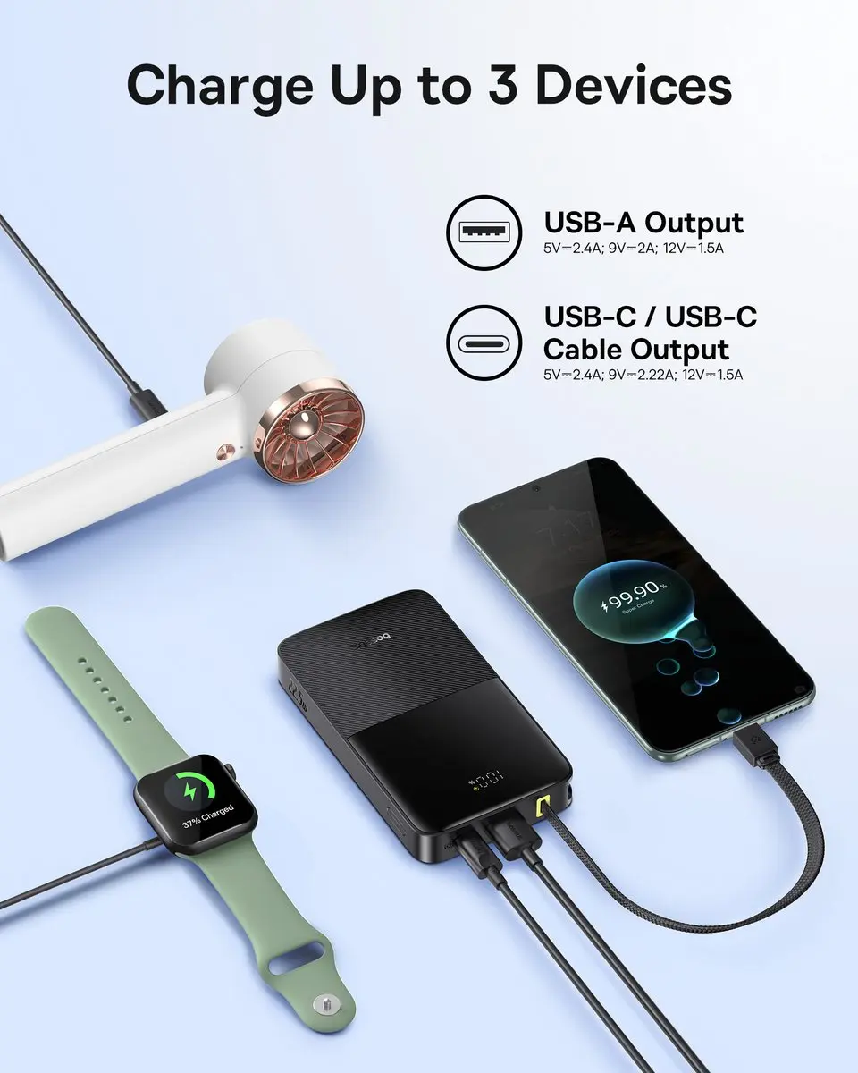 Baseus EnerFill Bipow2 Pro Powerbank 10000mAh - 22.5W - 3 Poorten - Zwart - afbeelding 6 van 6